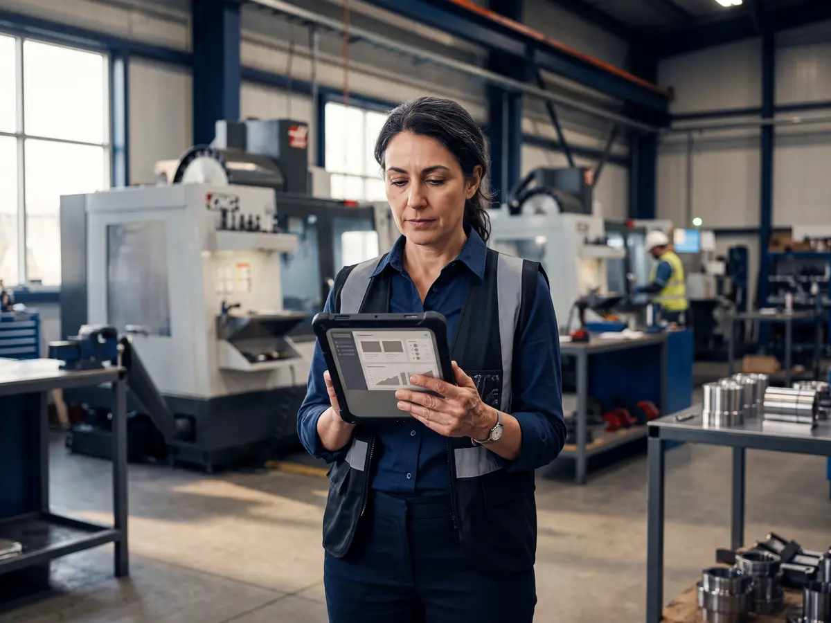 A manufacturing team using a custom software tool on the shop floor