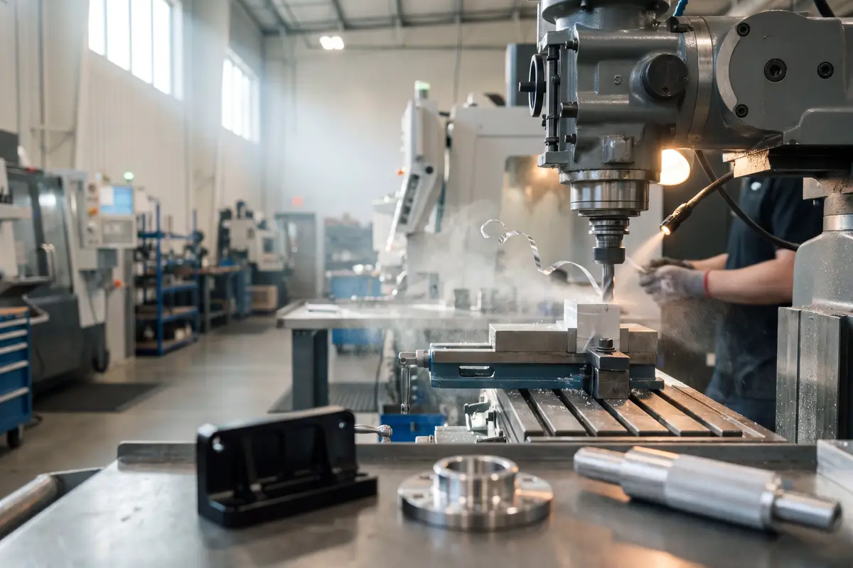 A precision CNC machine shop cutting an aluminum part
