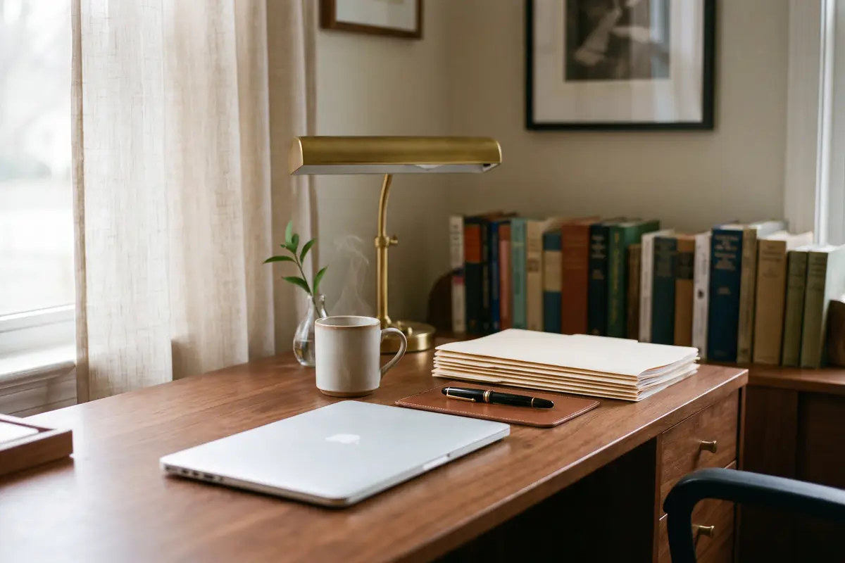 A calm accountant or attorney office desk in warm light