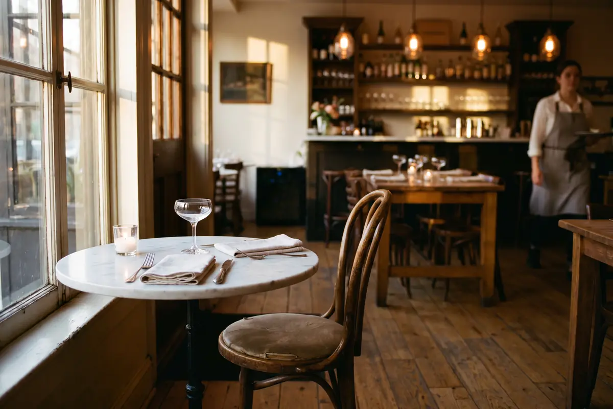 A warm neighborhood restaurant set before service