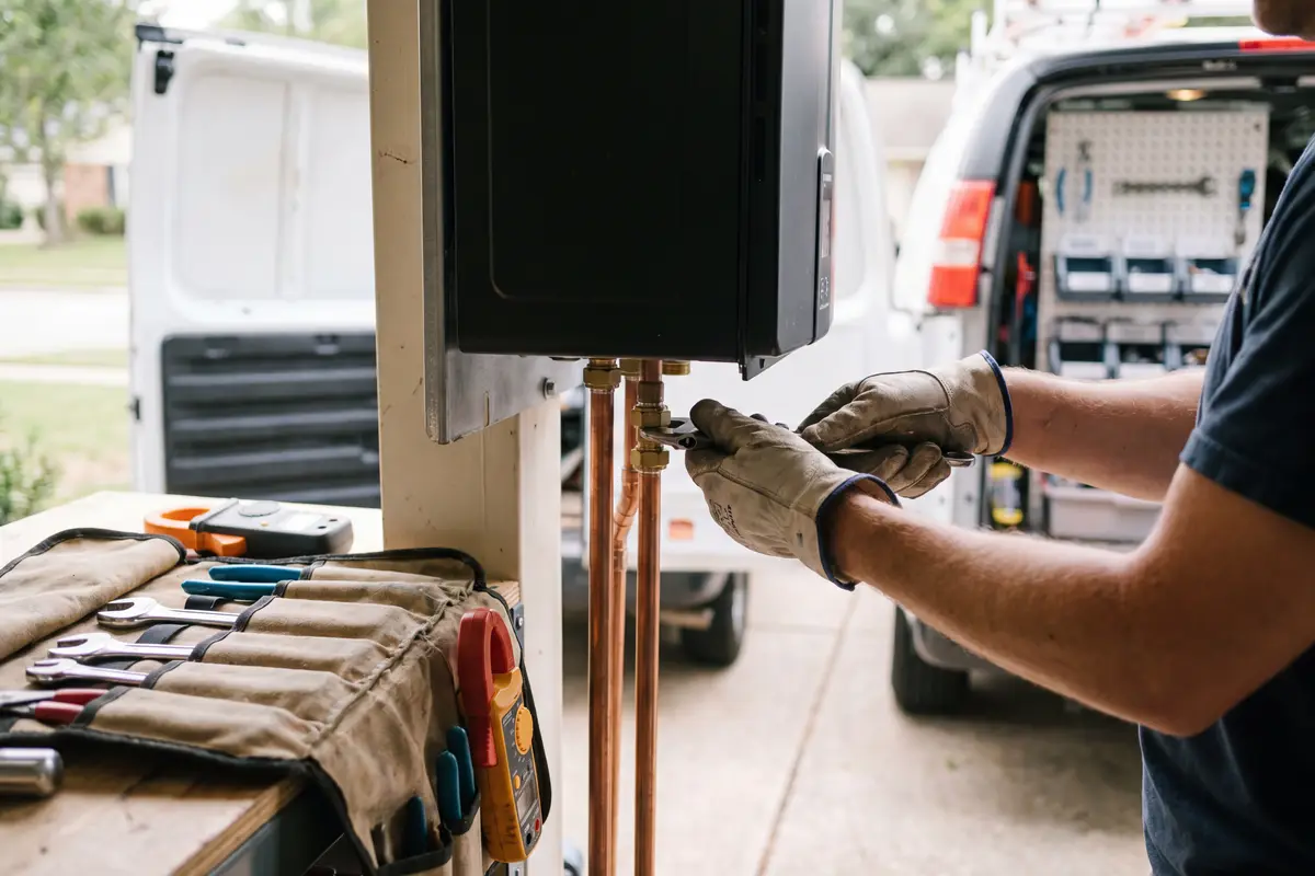 A service technician working on a tankless water heater